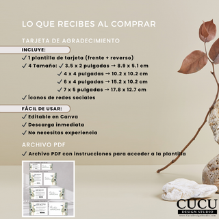 Contenido incluido con la compra de plantilla digital de tarjeta de agradecimiento para pequeños negocios editable en Canva. / Included files with purchase of digital editable Canva thank you card template for small businesses.