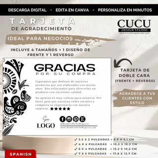 Tarjeta de agradecimiento editable para pequeños negocios en Canva con diseño elegante blanco y negro y tamaños incluidos / Editable thank you card template for small businesses in Canva with elegant black and white design and included sizes