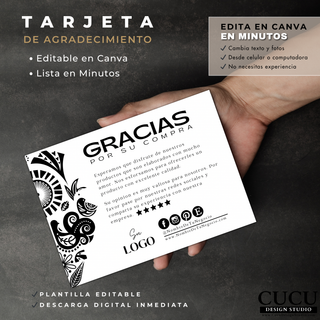 Plantilla de tarjeta de agradecimiento para negocio mostrada en mano con diseño moderno editable en Canva / Small business thank you card template displayed in hand with modern editable Canva design