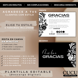 Diseño frente y reverso de tarjeta de agradecimiento editable en Canva con cuatro tamaños incluidos / Front and back editable thank you card Canva template with four included sizes