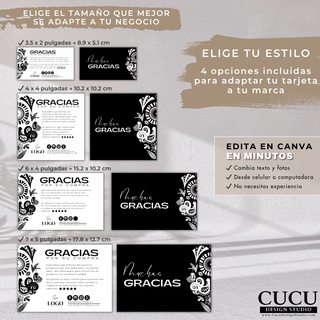Comparación de tamaños de tarjeta de agradecimiento para pequeños negocios editable en Canva / Size comparison of editable thank you card template for small businesses in Canva
