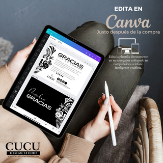 Plantilla de tarjeta de agradecimiento editable en Canva desde tablet, celular y computadora / Editable thank you card template in Canva usable on tablet, phone, and computer