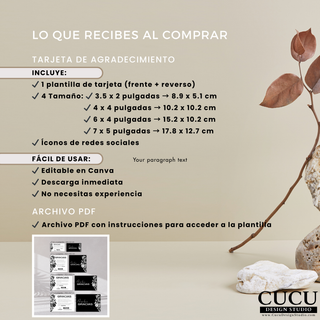 Contenido incluido con la compra de plantilla de tarjeta de agradecimiento editable en Canva / What is included with the editable Canva thank you card template purchase