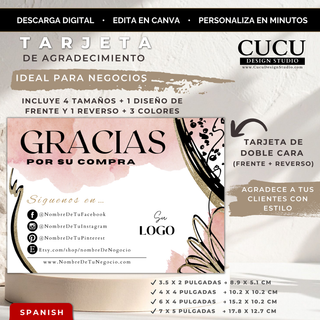 Plantilla de tarjeta de agradecimiento editable en Canva para pequeños negocios con diseño elegante rosa y negro, tamaños incluidos y descarga digital. / Editable Canva thank you card template for small businesses with elegant pink and black design, included sizes, and instant digital download.