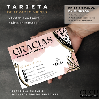 Tarjeta de agradecimiento para negocio pequeño sostenida en la mano mostrando diseño moderno editable en Canva. / Small business thank you card held in hand showing a modern editable Canva design.