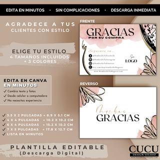 Vista frontal y reverso de tarjeta de agradecimiento editable en Canva con diseño elegante y múltiples tamaños incluidos. / Front and back view of editable Canva thank you card with elegant design and multiple included sizes.