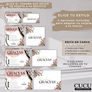 Plantilla Canva de tarjeta de agradecimiento mostrando opciones de tamaños y diseño claro para pequeños negocios. / Canva thank you card template showing multiple size options and light color design for small businesses.