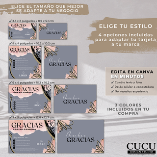 Tarjeta de agradecimiento editable en Canva con variación de color azul grisáceo y tamaños incluidos. / Editable Canva thank you card with blue gray color variation and included sizes.