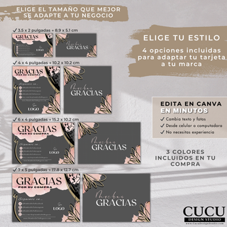 Diseño de tarjeta de agradecimiento Canva en color gris oscuro con opciones de tamaño para branding de negocios. / Dark gray Canva thank you card design with multiple size options for business branding.