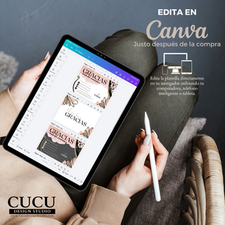 Edición de plantilla de tarjeta de agradecimiento en Canva desde tableta digital de manera fácil y rápida. / Editing thank you card template in Canva from a tablet quickly and easily.