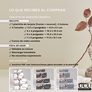 Contenido incluido con la compra de plantilla Canva para tarjeta de agradecimiento editable y descarga digital. / Included contents with purchase of editable Canva thank you card template and digital download.