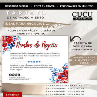 Tarjeta de agradecimiento floral editable en Canva para negocio pequeño con diseño doble cara y tamaños incluidos / Editable floral thank you card Canva template for small business with double sided design and included sizes