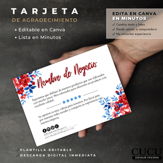 Plantilla de tarjeta de agradecimiento para negocios pequeños mostrada en mano con diseño floral rojo y azul / Small business thank you card template displayed in hand with red and blue floral design