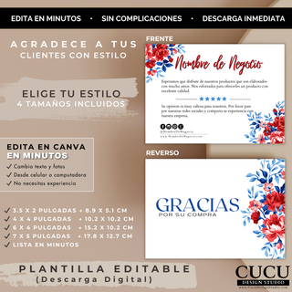 Diseño frontal y reverso de tarjeta de agradecimiento editable en Canva con estilo floral elegante / Front and back editable thank you card Canva design with elegant floral style