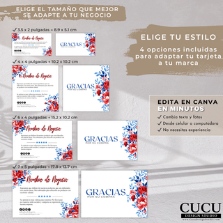 Comparación de tamaños incluidos para tarjeta de agradecimiento floral editable en Canva / Size comparison for editable floral thank you card Canva template