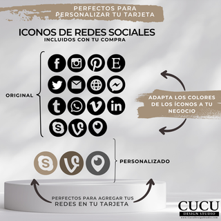 Íconos de redes sociales incluidos para personalizar tarjeta de agradecimiento de negocio / Included social media icons to customize small business thank you card