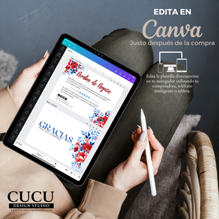 Plantilla de tarjeta de agradecimiento abierta en Canva desde tablet para edición rápida / Thank you card template opened in Canva on tablet for quick editing