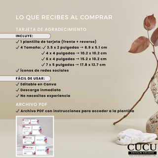 Información de lo que incluye la plantilla de tarjeta de agradecimiento editable en Canva / Information showing what is included with editable thank you card Canva template
