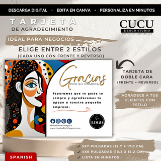 Plantilla de tarjeta de agradecimiento editable en Canva con diseño artístico abstracto y colores modernos para pequeños negocios / Editable Canva thank you card template with abstract artistic design and modern colors for small businesses