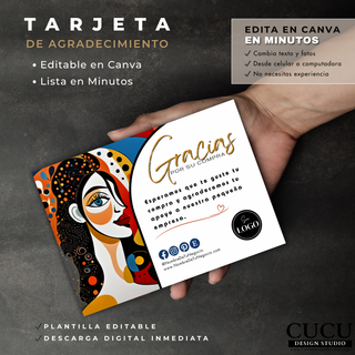 Tarjeta de agradecimiento tamaño 5x7 sostenida en la mano mostrando diseño moderno editable en Canva / 5x7 thank you card held in hand featuring modern editable Canva design