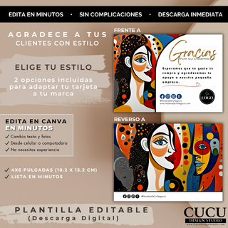 Vista frente y reverso de tarjeta de agradecimiento editable con arte abstracto y estilo elegante para negocios / Front and back view of editable thank you card with abstract art and elegant business style