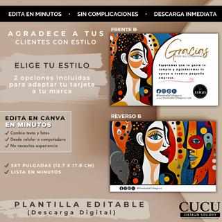 Diseño alternativo de tarjeta de agradecimiento Canva con frente y reverso personalizable para emprendedores / Alternative Canva thank you card design with customizable front and back for entrepreneurs