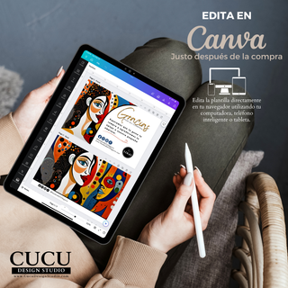 Plantilla editable en Canva mostrada en tableta para editar desde computadora, celular o tablet / Editable Canva template displayed on tablet for editing from computer, phone, or tablet