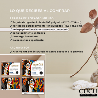 Contenido incluido con la compra de plantilla de tarjeta de agradecimiento digital editable en Canva / Included files and features with editable digital Canva thank you card template purchase