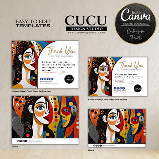 Colorful abstract woman thank you card template featuring vibrant modern portrait artwork, editable Canva design, front and back layouts, customizable logo section, and small business packaging insert card for customer appreciation.

ES: Plantilla de tarjeta de agradecimiento con ilustración abstracta y colorida de una mujer, diseño editable en Canva, formatos frontal y posterior, espacio para logotipo personalizado e inserto de empaque para pequeños negocios y agradecimiento a clientes.