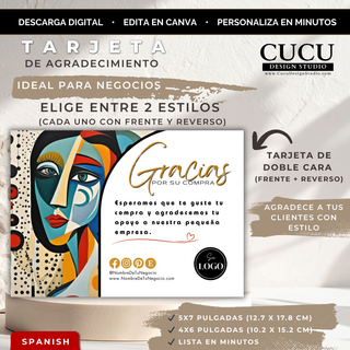Tarjeta de agradecimiento editable en Canva para pequeños negocios con diseño artístico moderno y tamaño 5x7 / Editable thank you card template for small businesses with modern artistic design in 5x7 size