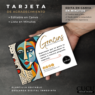 Plantilla de tarjeta de agradecimiento mostrada en mano con diseño abstracto colorido y personalizable / Thank you card template displayed in hand with colorful abstract customizable design