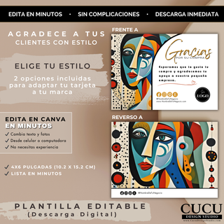 Diseño de tarjeta de agradecimiento doble cara editable en Canva con frente y reverso artístico / Double-sided editable thank you card design in Canva with artistic front and back layout