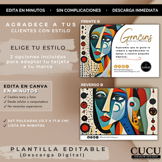 Diseño de tarjeta de agradecimiento doble cara editable en Canva con frente y reverso artístico / Double-sided editable thank you card design in Canva with artistic front and back layout