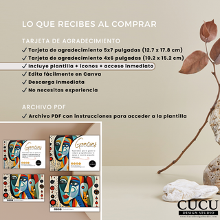 Contenido incluido con plantilla de tarjeta de agradecimiento 5x7 y 4x6 editable en Canva / Included contents with editable 5x7 and 4x6 thank you card Canva template