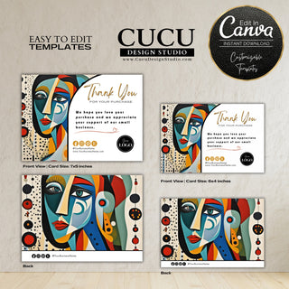 Modern abstract face thank you card template featuring colorful artistic portrait artwork, editable Canva design, front and back layouts, customizable logo placement, and small business packaging insert card sizes.

ES: Plantilla moderna de tarjeta de agradecimiento con retrato artístico abstracto y colorido, diseño editable en Canva, formatos frontal y posterior, espacio para logotipo personalizado y tamaños ideales para insertos de empaque para pequeños negocios.
