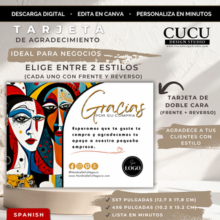 Plantilla de tarjeta de agradecimiento editable en Canva para pequeños negocios con diseño artístico moderno y doble cara / Editable Canva thank you card template for small businesses with modern artistic double-sided design