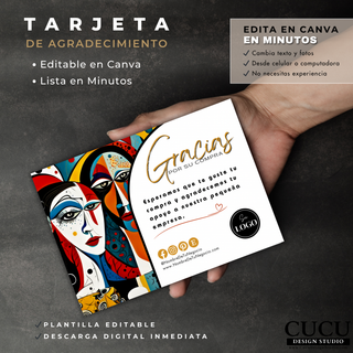 Tarjeta de agradecimiento personalizada sostenida en la mano con diseño abstracto colorido y plantilla editable en Canva / Personalized thank you card held in hand with colorful abstract design and editable Canva template