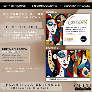 Vista frontal y reverso de tarjeta de agradecimiento para negocio pequeño en tamaño 4x6 editable en Canva / Front and back view of small business thank you card in 4x6 size editable in Canva