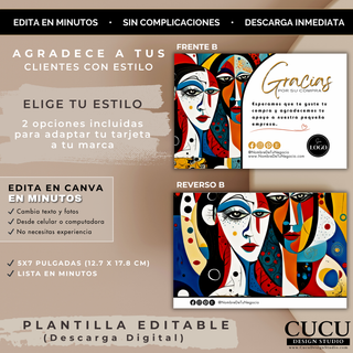 Diseño doble cara de tarjeta de agradecimiento 5x7 con ilustración artística moderna para pequeños negocios / Double-sided 5x7 thank you card design with modern artistic illustration for small businesses