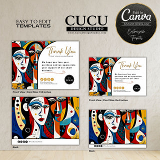 Abstract faces thank you card template featuring colorful modern portrait artwork, editable Canva design, front and back layouts, customizable logo section, and professional small business packaging insert card.

ES: Plantilla de tarjeta de agradecimiento con rostros abstractos y coloridos, diseño moderno editable en Canva, formatos frontal y posterior, sección personalizable para logotipo e inserto profesional para empaques de pequeños negocios.