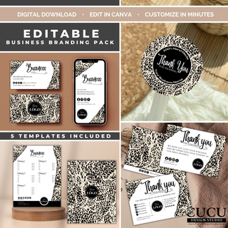 Business branding pack Canva template bundle including business cards, stickers, thank you cards and price list templates. / Paquete de identidad de marca para negocios en Canva que incluye tarjetas de presentación, etiquetas, tarjetas de agradecimiento y listas de precios.