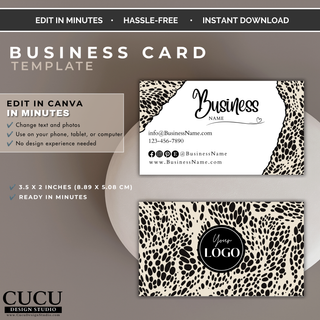 Editable business card Canva template with matching front and back design for small business branding. / Plantilla editable de tarjeta de presentación en Canva con diseño frontal y posterior coordinado para negocios.