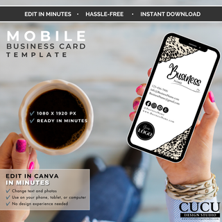 Mobile business card Canva template displayed on smartphone for digital business promotion. / Plantilla de tarjeta de presentación digital para celular mostrada en un teléfono inteligente para promoción de negocios.