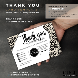 Editable thank you card Canva template for customer appreciation and product packaging inserts. / Plantilla editable de tarjeta de agradecimiento en Canva para agradecer a clientes e incluir en empaques.
