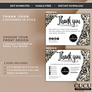 Two thank you card design options included in the Canva branding pack template. / Dos opciones de diseño para tarjetas de agradecimiento incluidas en el paquete de branding para Canva.