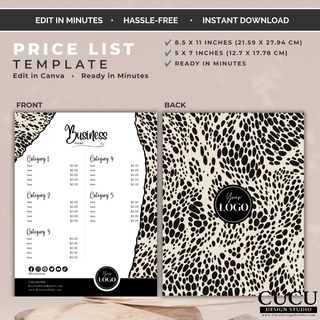 Editable price list Canva template with front and back layout for products and services. / Plantilla editable de lista de precios en Canva con diseño frontal y posterior para productos y servicios.
