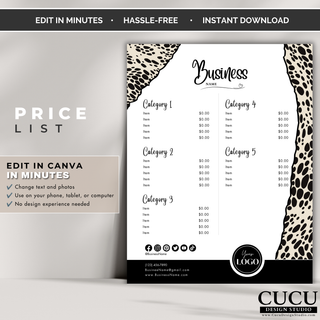 Professional price list template for businesses, salons, boutiques and service providers. / Plantilla profesional de lista de precios para negocios, salones, boutiques y proveedores de servicios.