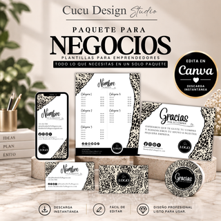 Paquete de plantillas para negocios editable en Canva con tarjeta de presentación, tarjeta digital para celular, lista de precios, tarjeta de agradecimiento y stickers personalizados.