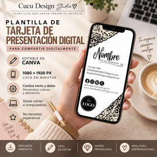 Plantilla de tarjeta de presentación digital para celular editable en Canva, formato vertical de 1080 x 1920 px para compartir en línea.