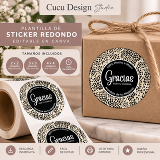 Plantilla de stickers redondos editables en Canva para pequeños negocios, disponibles en tamaños de 2, 3 y 4 pulgadas.